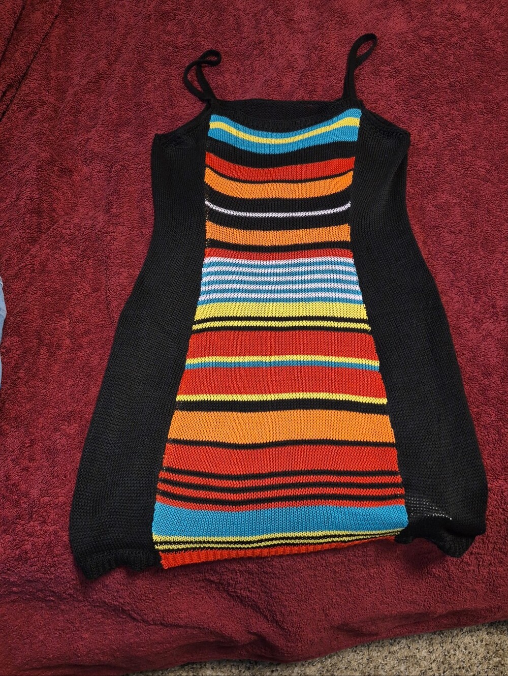 Black Knit Tank Dress with Multicolor Stripe Panel